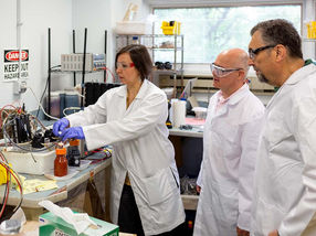 Influit Energy co-founders Elena Timofeeva, John Katsoudas, and Carlo Segre in the company’s lab space in Chicago’s West Loop neighborhood
